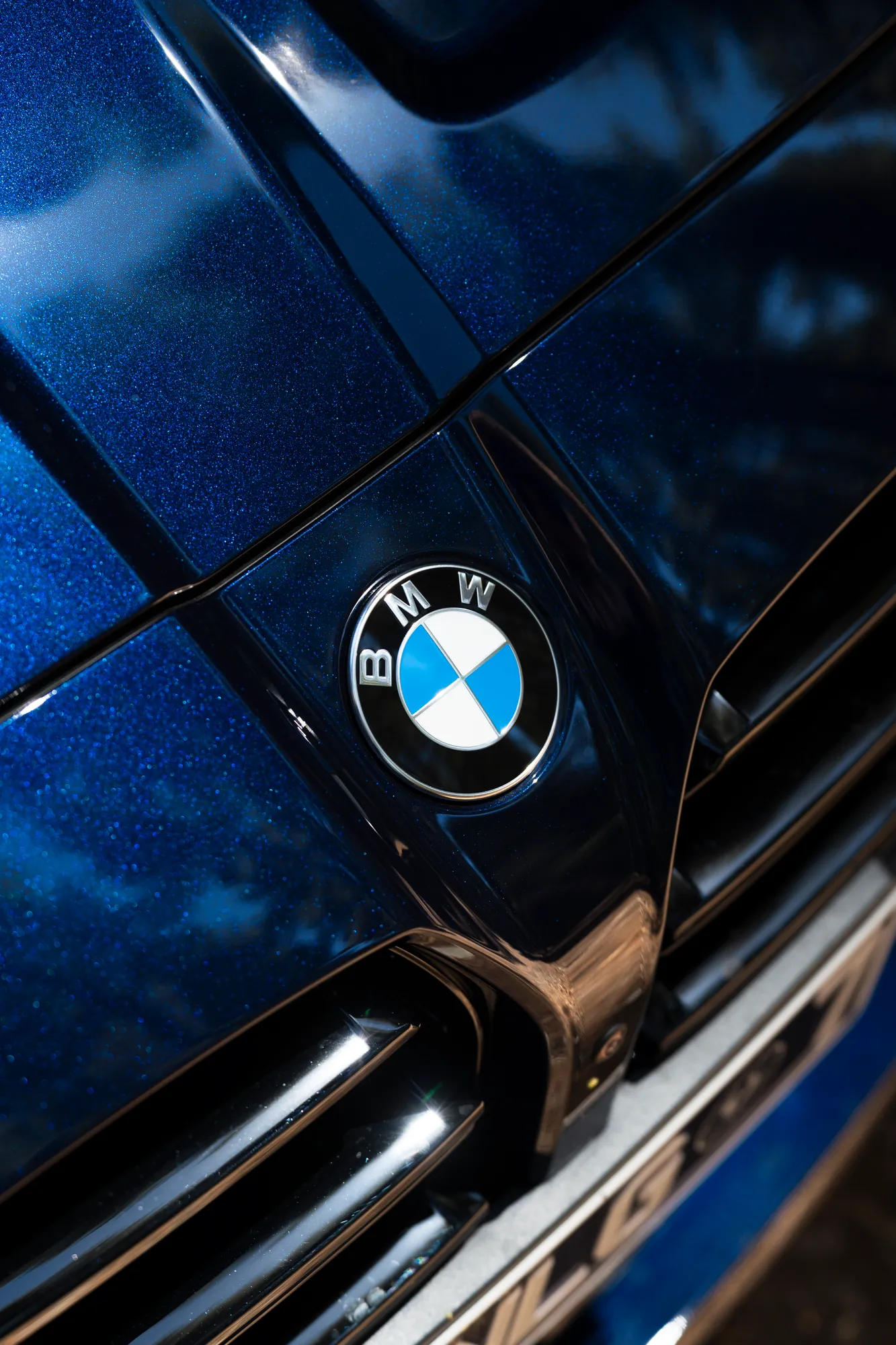 Close-up of the BMW roundel on the bonnet of a deep blue M4